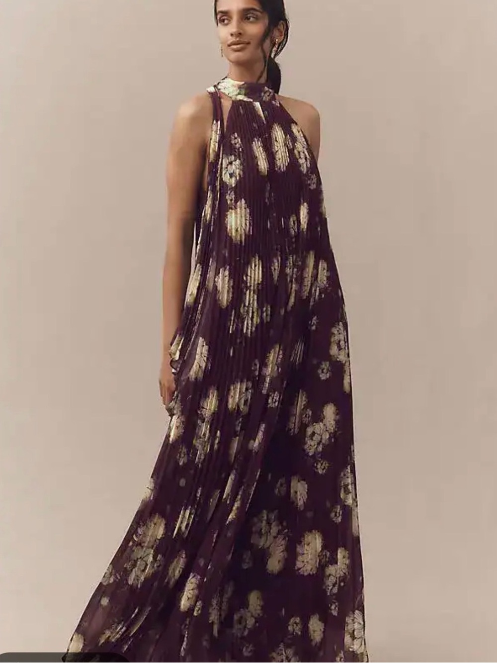 Va et Vien for BHLDN Plum Halter Maxi with Gold Floral Print